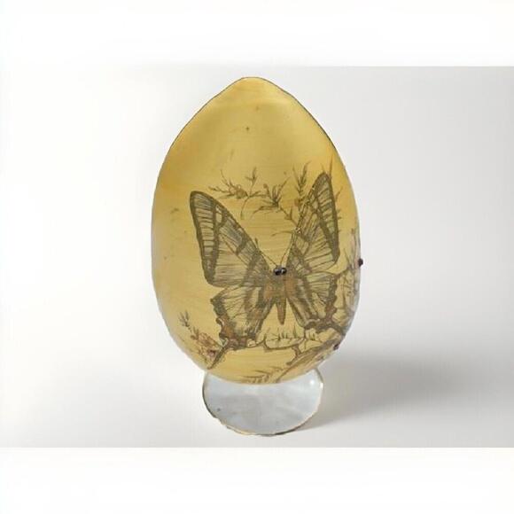 Butterfly Egyptian Glass Egg On Stand Gemstones Yellow Hand blown Hand Crafted - Picture 2 of 6